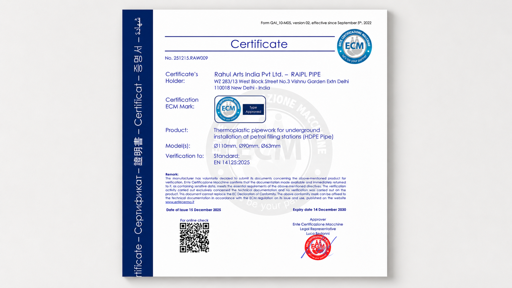 RAIPL HDPE Fuel Pipe Certifications and Approvals