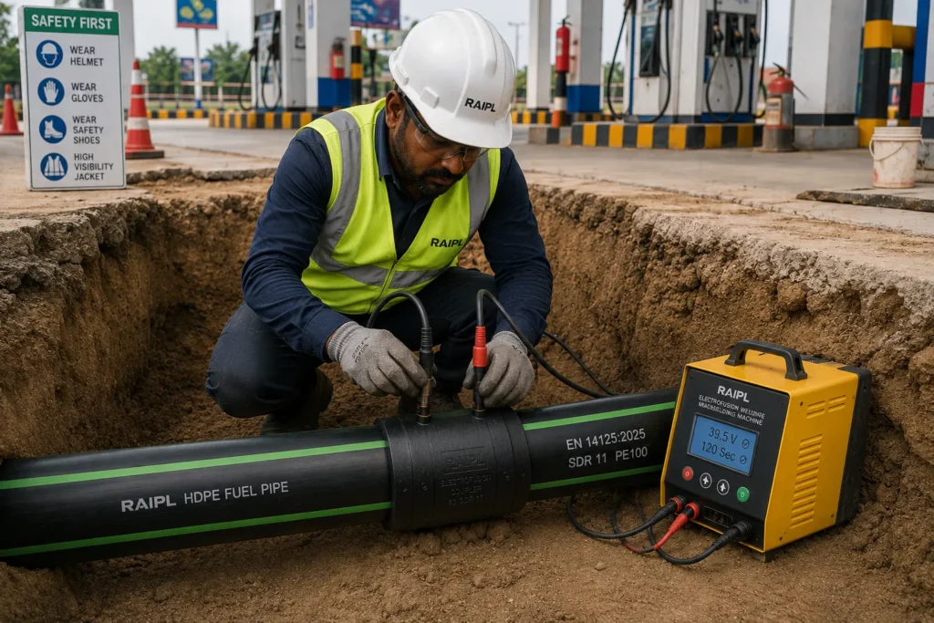 HDPE fuel pipe installation at a petrol pump
