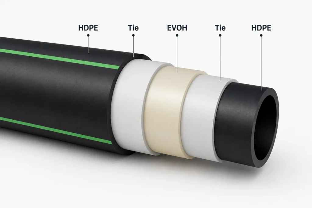 EVOH barrier in multilayer HDPE fuel pipe