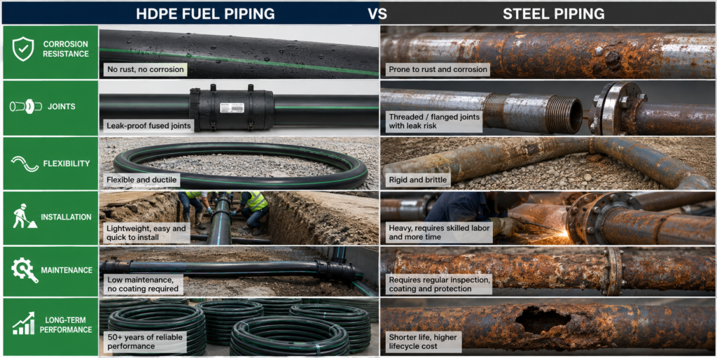 Steel vs HDPE fuel pipe corrosion comparison